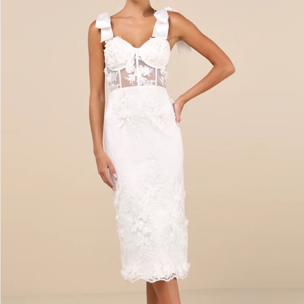 Lulu's Exquisite Charisma White Floral Bustier Tie-Strap Midi Dress